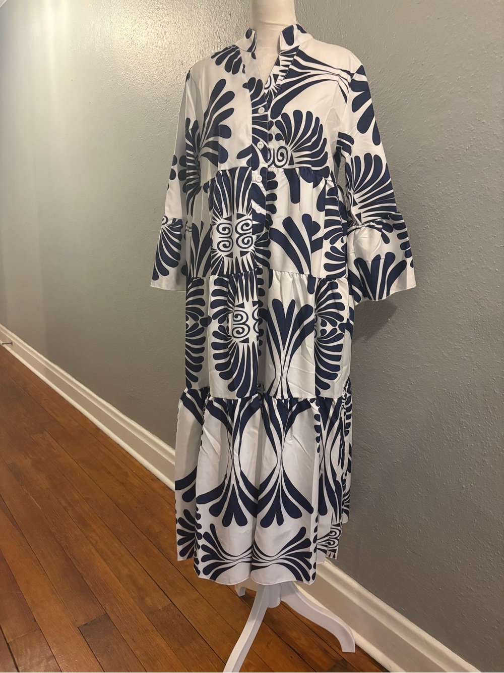 Pretty Persuasions Navy & White Tiered Printed Maxi Dress